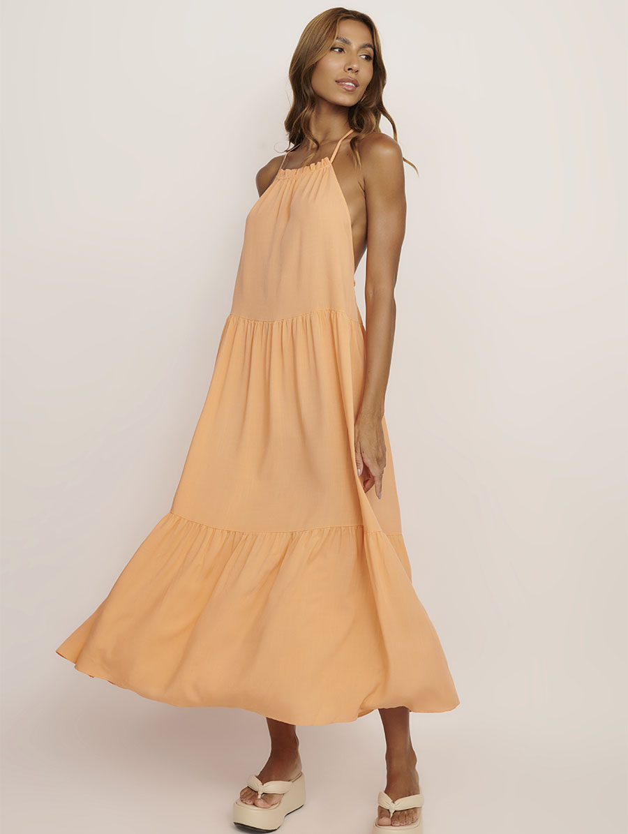Vestido longo frente única estampa Verano em tecido leve.