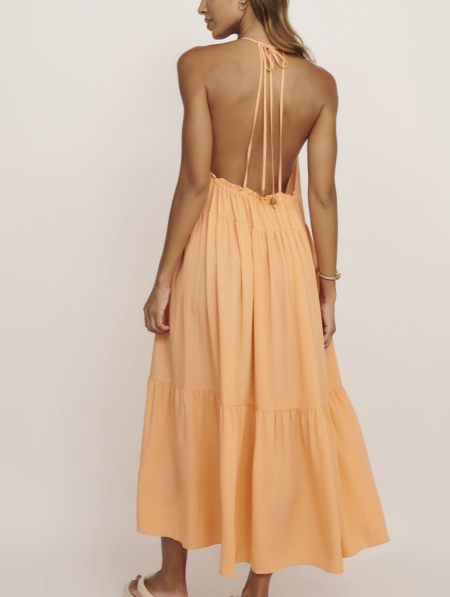 Vestido longo frente única estampa Verano em tecido leve.